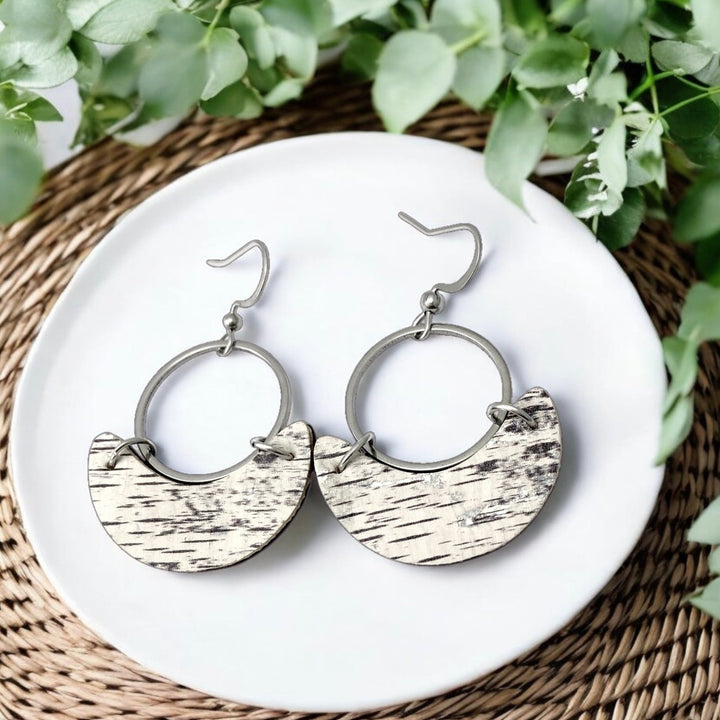 Birch earrings, cork with genuine leather, crescent shape with silver loop - Be Inspired UP