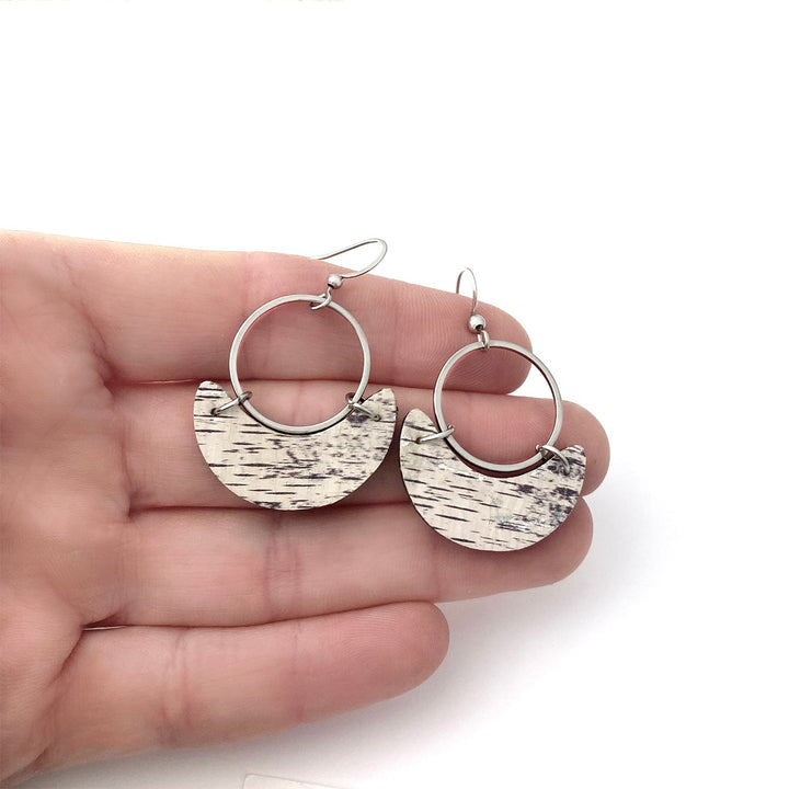 Birch earrings, cork with genuine leather, crescent shape with silver loop - Be Inspired UP