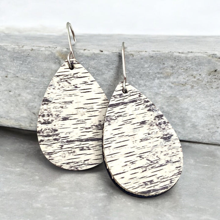 Birch inspired earrings, cork with genuine leather, tear drop shape - Be Inspired UP