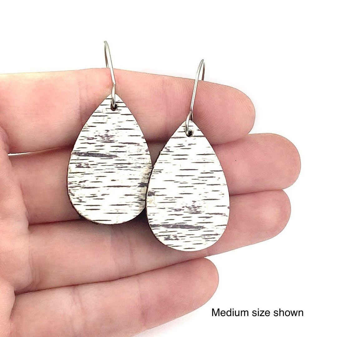 Birch inspired earrings, cork with genuine leather, tear drop shape - Be Inspired UP