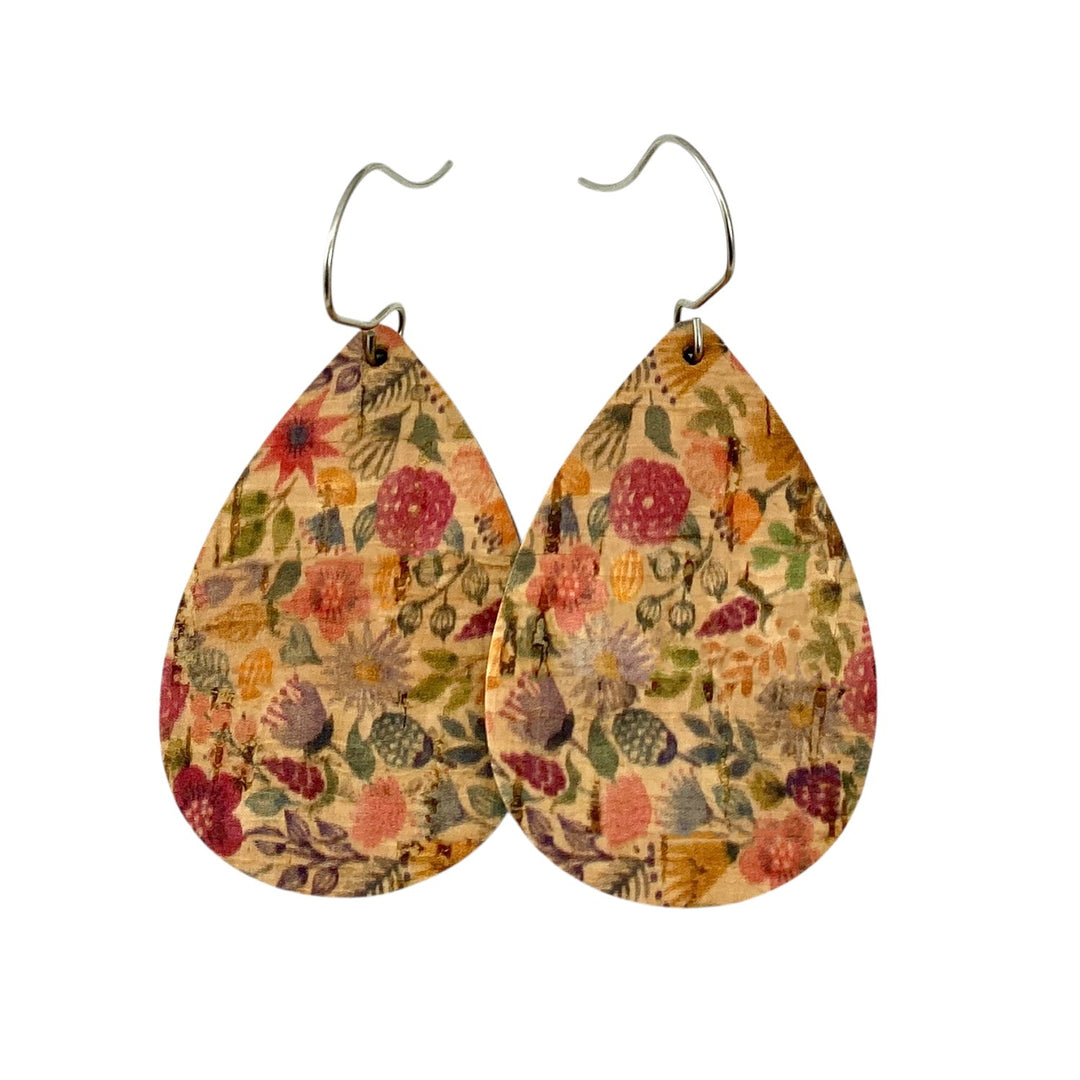 Country garden floral earrings, cork with genuine leather, tear drop shape three sizes - Be Inspired UP