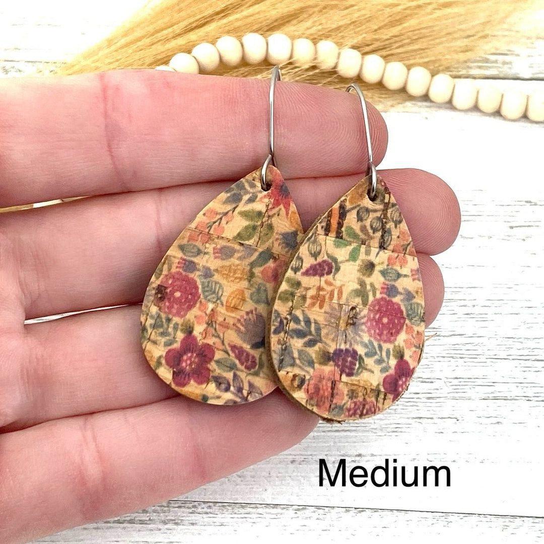 Country garden floral earrings, cork with genuine leather, tear drop shape three sizes - Be Inspired UP