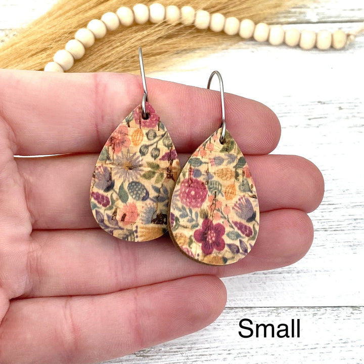 Country garden floral earrings, cork with genuine leather, tear drop shape three sizes - Be Inspired UP