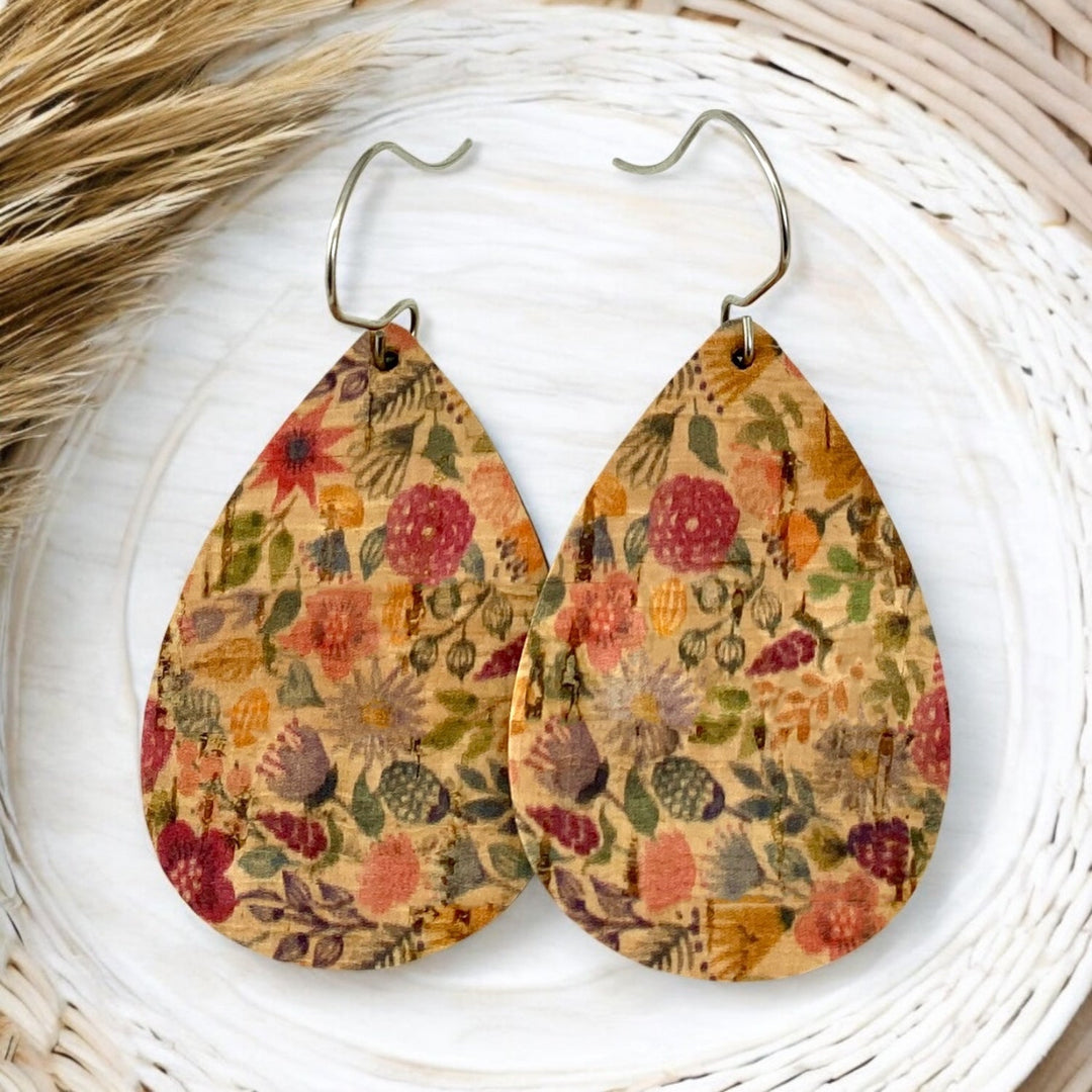 Country garden floral earrings, cork with genuine leather, tear drop shape three sizes - Be Inspired UP