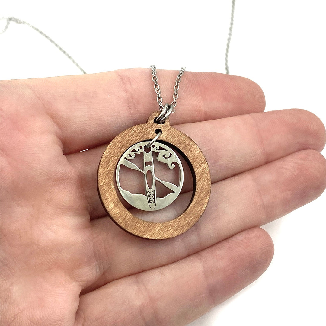 Kayak Waves Wooden Large Hoop Pendant, with petite charm - Be Inspired UP